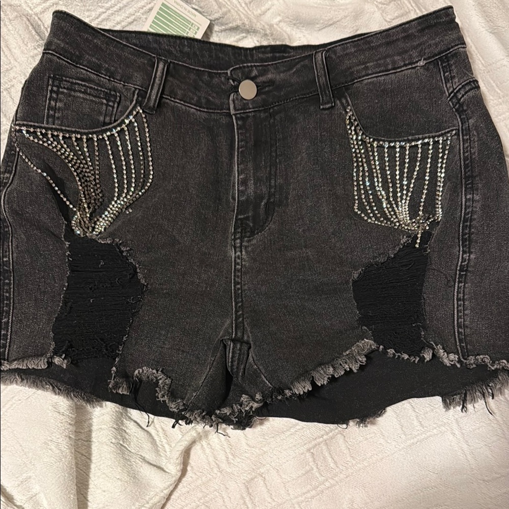 Black Distressed Jean Shorts with Contrast Stitching